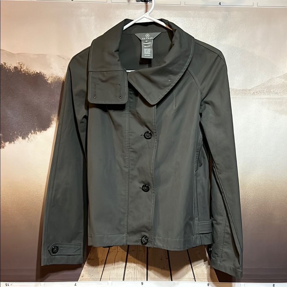 Aether front button heavy cotton jacket.  Olive green.  Women’s Aether sz. 2